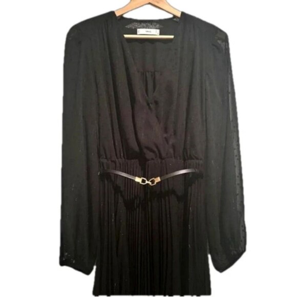 Mango Black long sleeve belted midi dress size 8 silver metallic sophisticated - Picture 2 of 2
